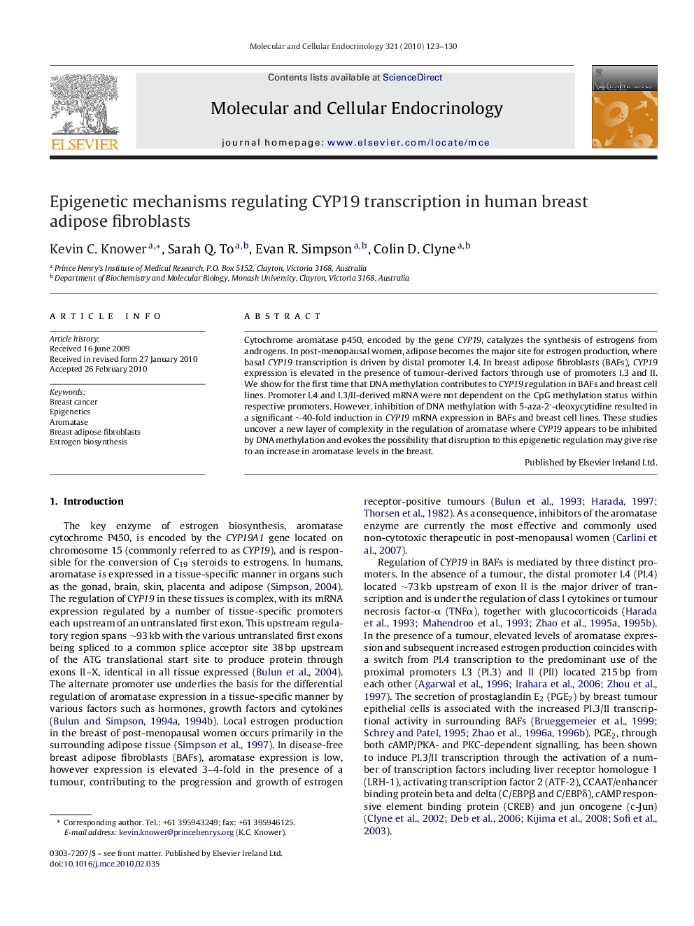 Epigenetic mechanisms regulating CYP19 transcription in human breast adipose fibroblasts