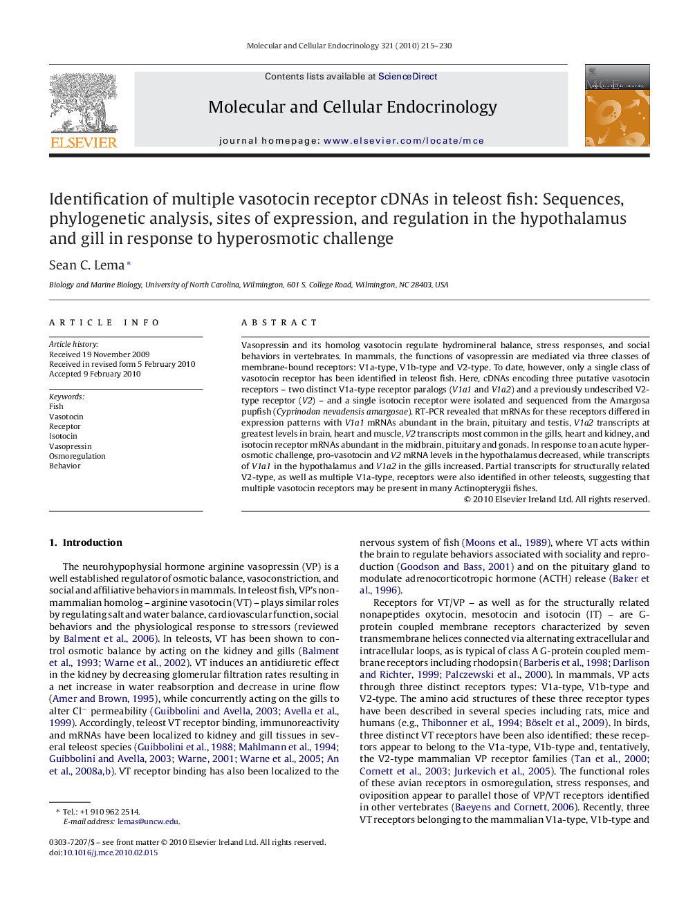 Identification of multiple vasotocin receptor cDNAs in teleost fish: Sequences, phylogenetic analysis, sites of expression, and regulation in the hypothalamus and gill in response to hyperosmotic challenge