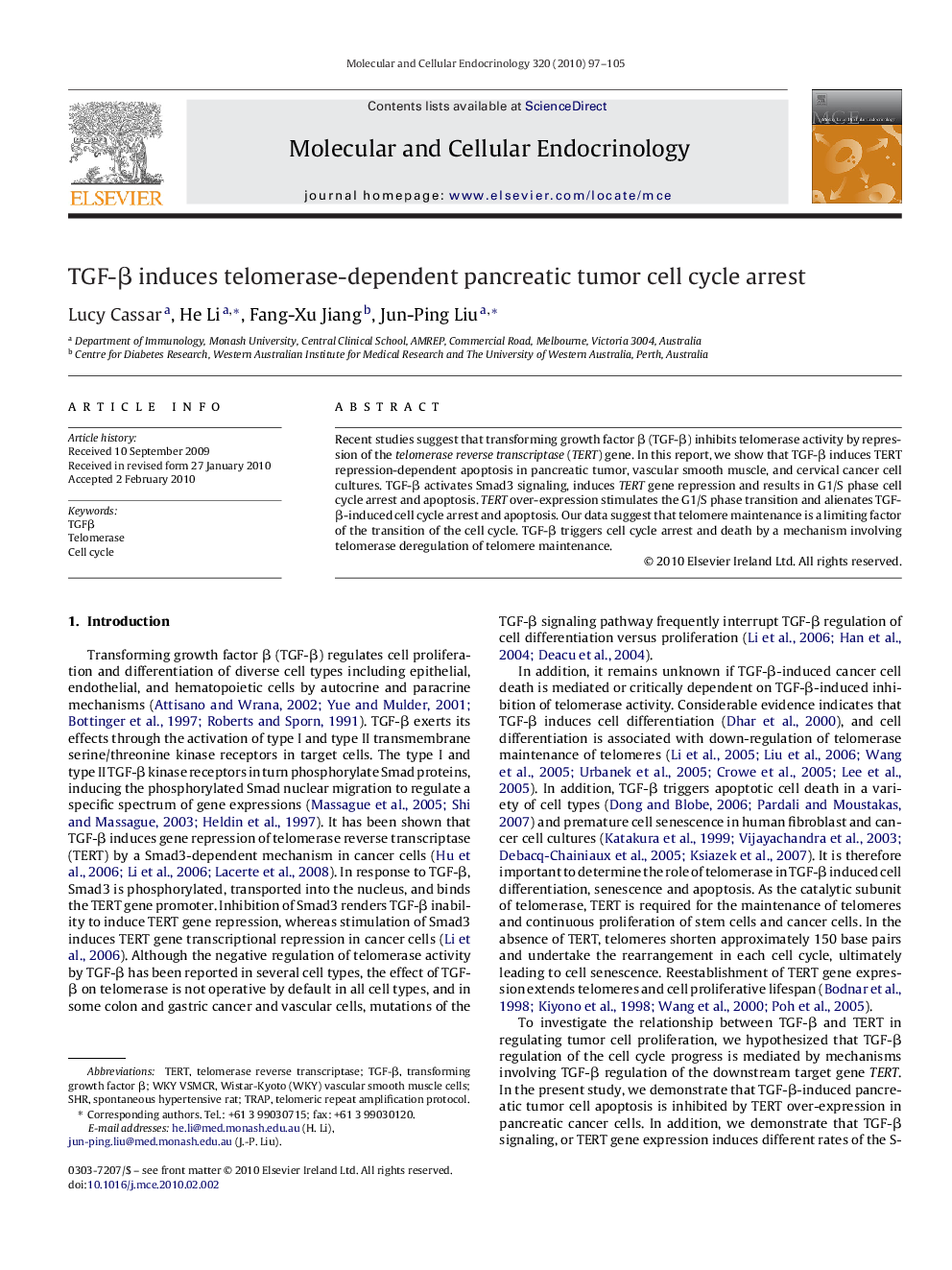 TGF-β induces telomerase-dependent pancreatic tumor cell cycle arrest