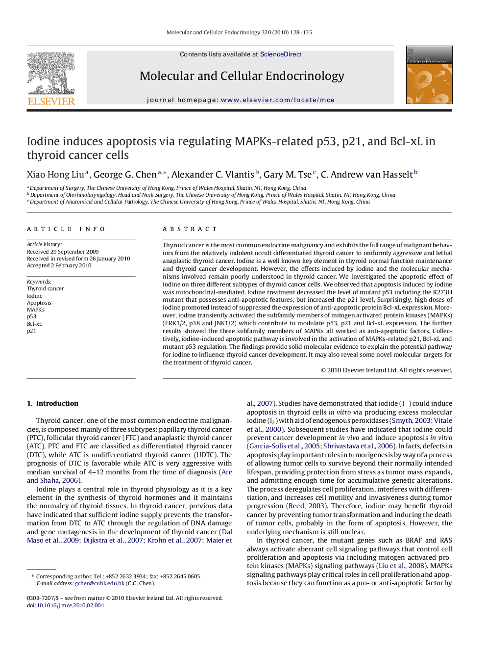 Iodine induces apoptosis via regulating MAPKs-related p53, p21, and Bcl-xL in thyroid cancer cells