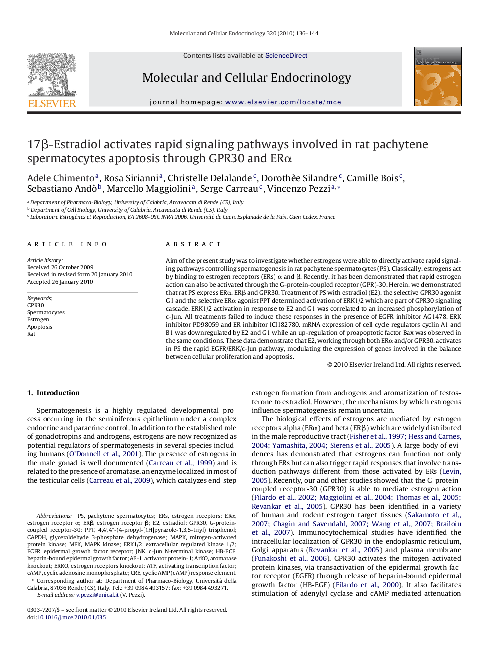 17Î²-Estradiol activates rapid signaling pathways involved in rat pachytene spermatocytes apoptosis through GPR30 and ERÎ±