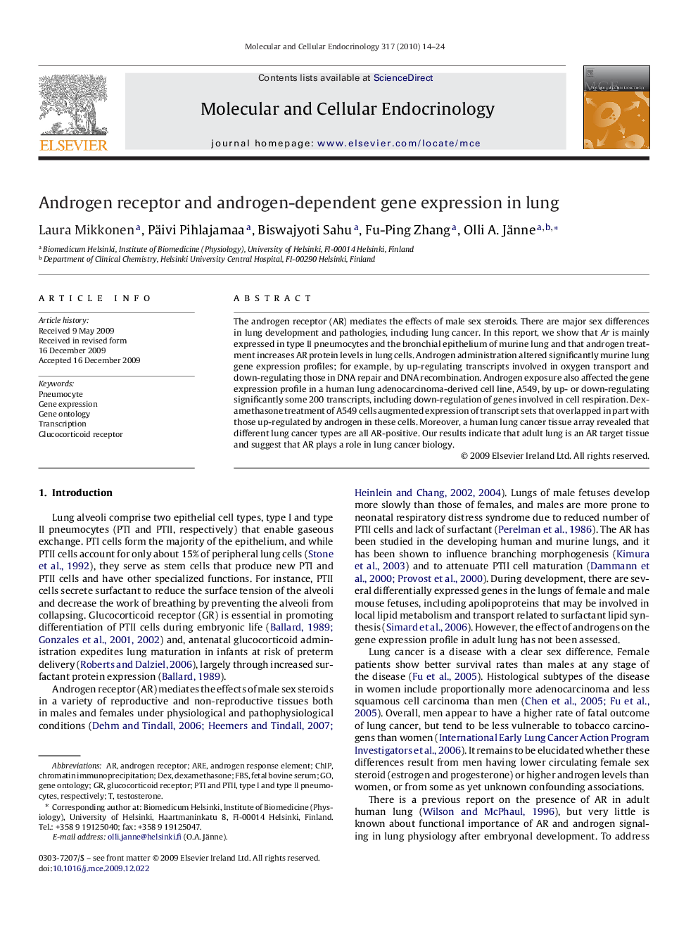 Androgen receptor and androgen-dependent gene expression in lung