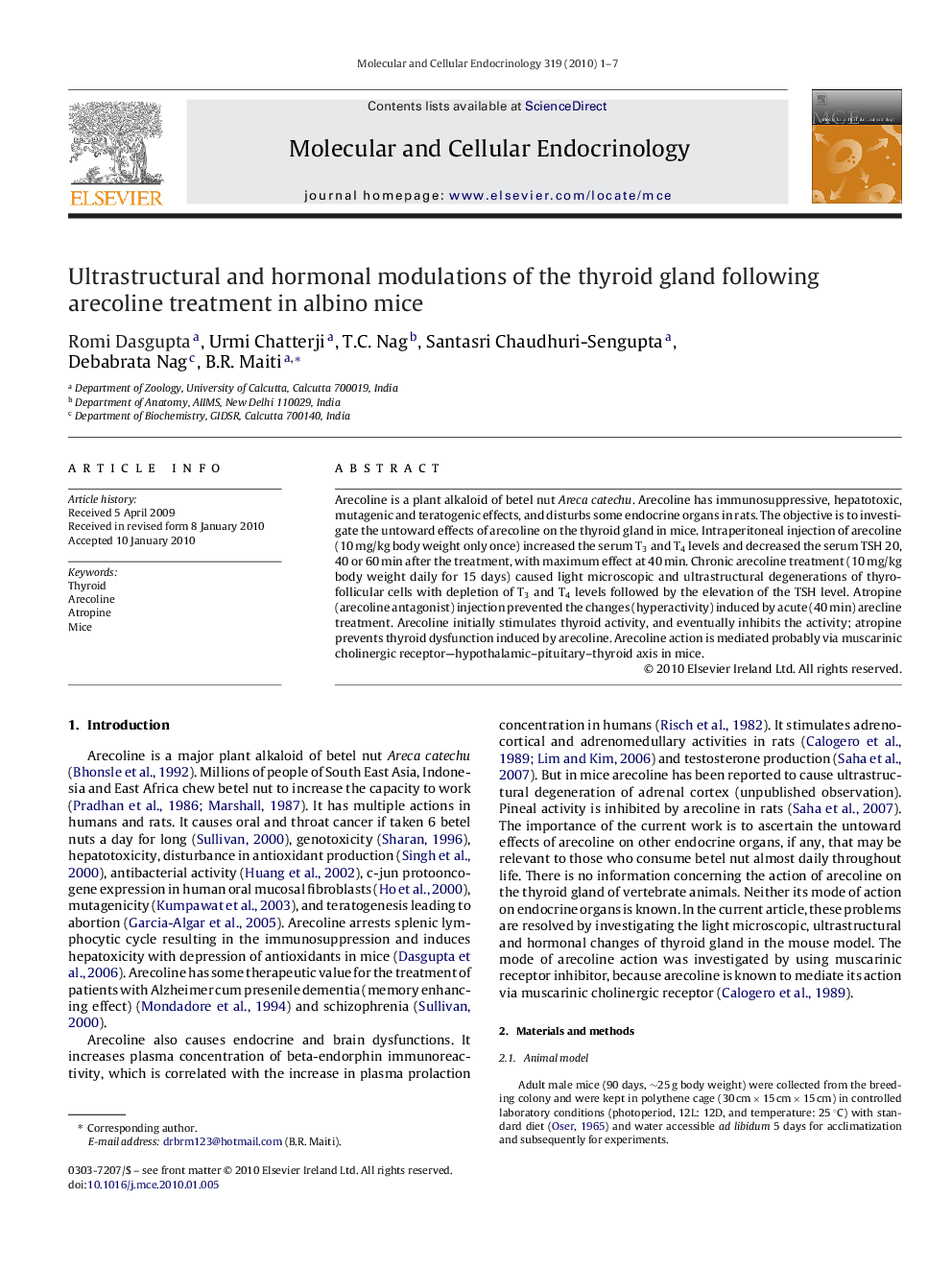 Ultrastructural and hormonal modulations of the thyroid gland following arecoline treatment in albino mice