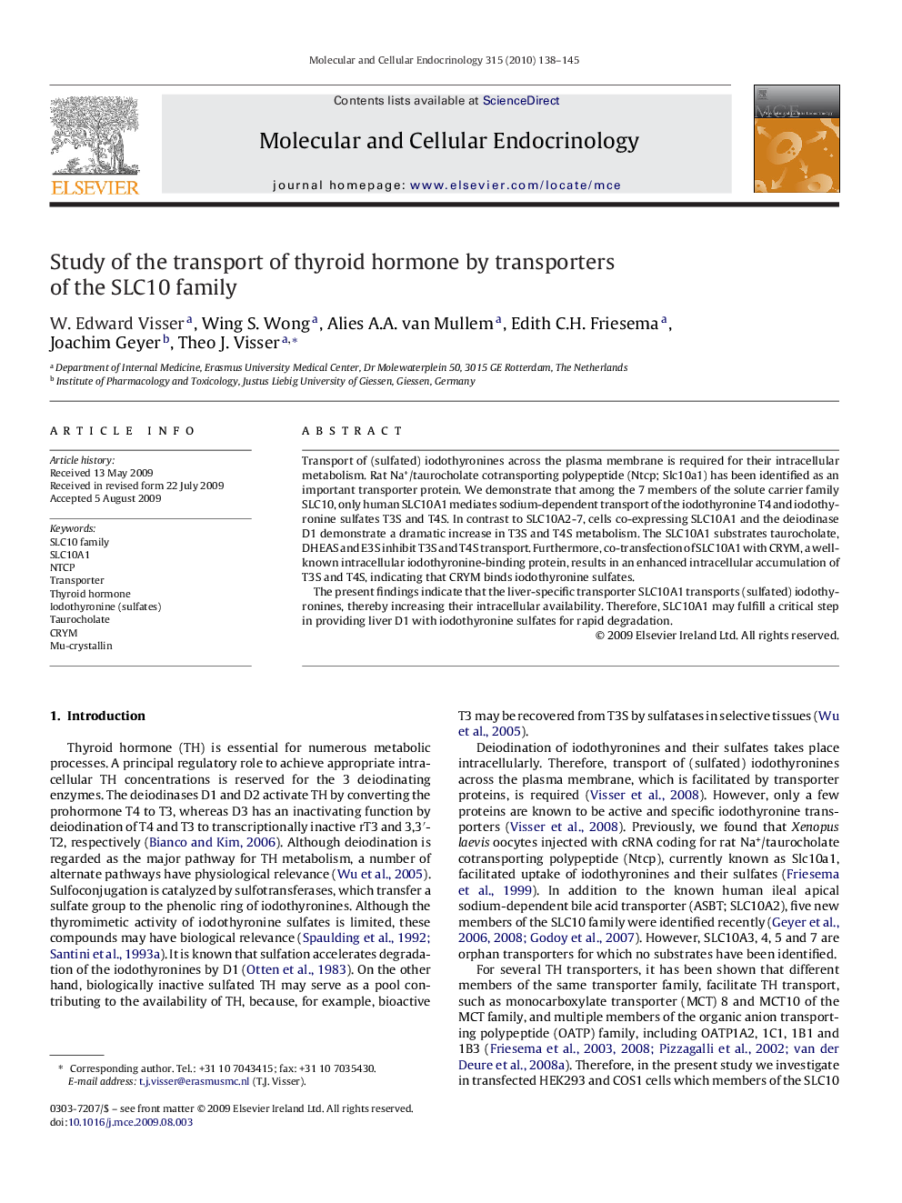 Study of the transport of thyroid hormone by transporters of the SLC10 family