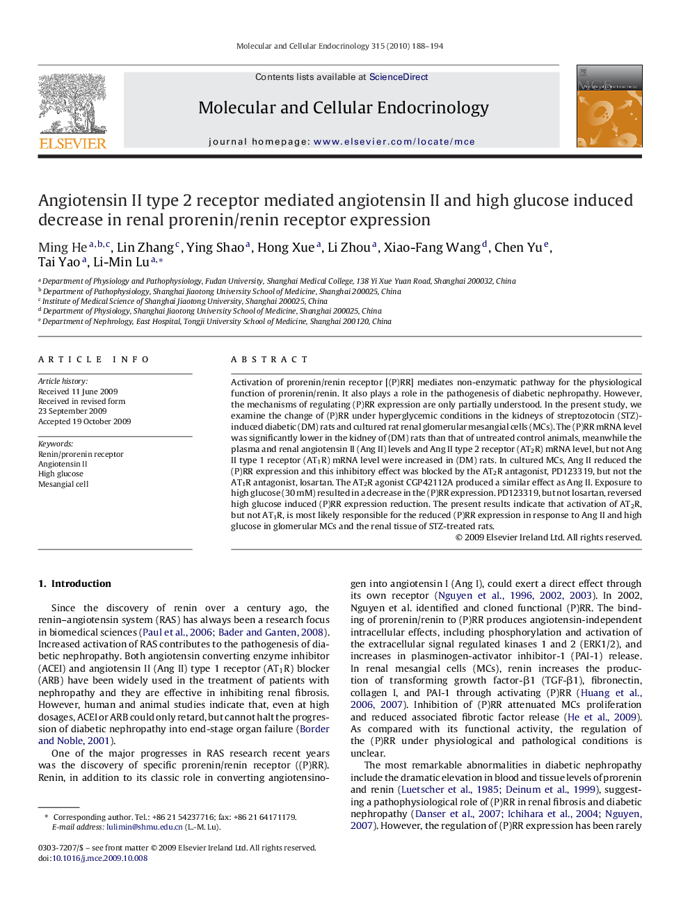 Angiotensin II type 2 receptor mediated angiotensin II and high glucose induced decrease in renal prorenin/renin receptor expression