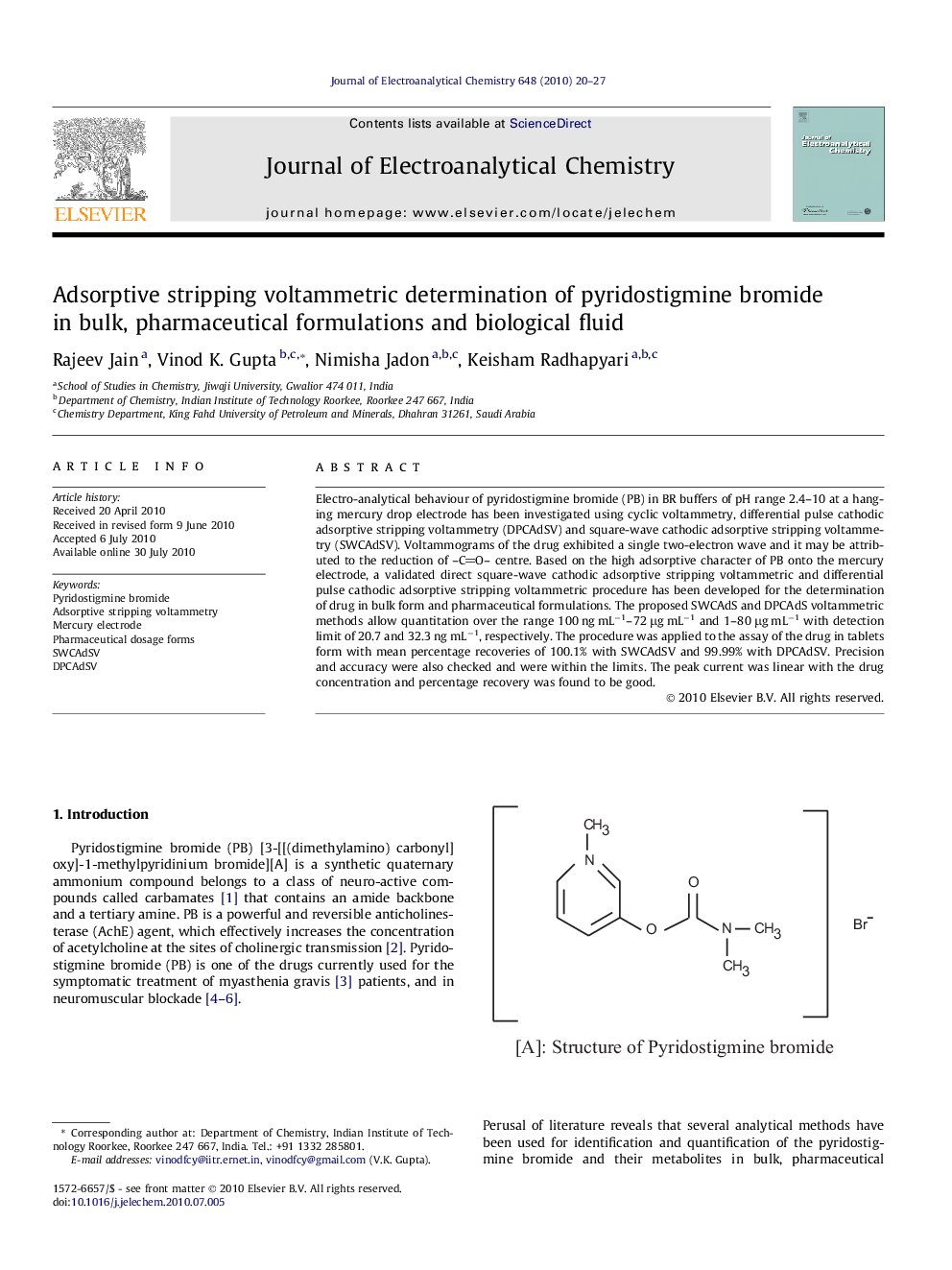 Adsorptive stripping voltammetric determination of pyridostigmine bromide in bulk, pharmaceutical formulations and biological fluid