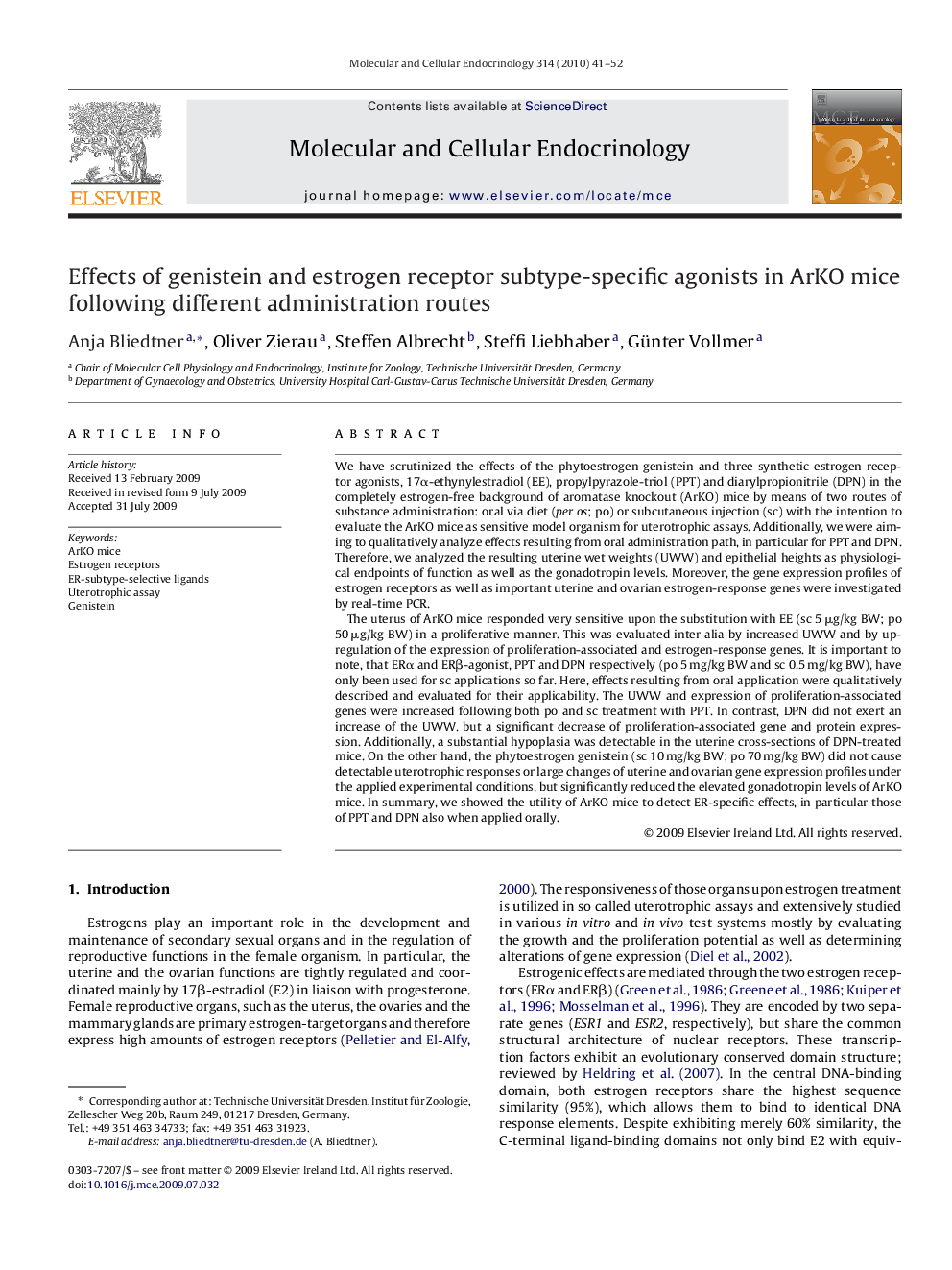 Effects of genistein and estrogen receptor subtype-specific agonists in ArKO mice following different administration routes