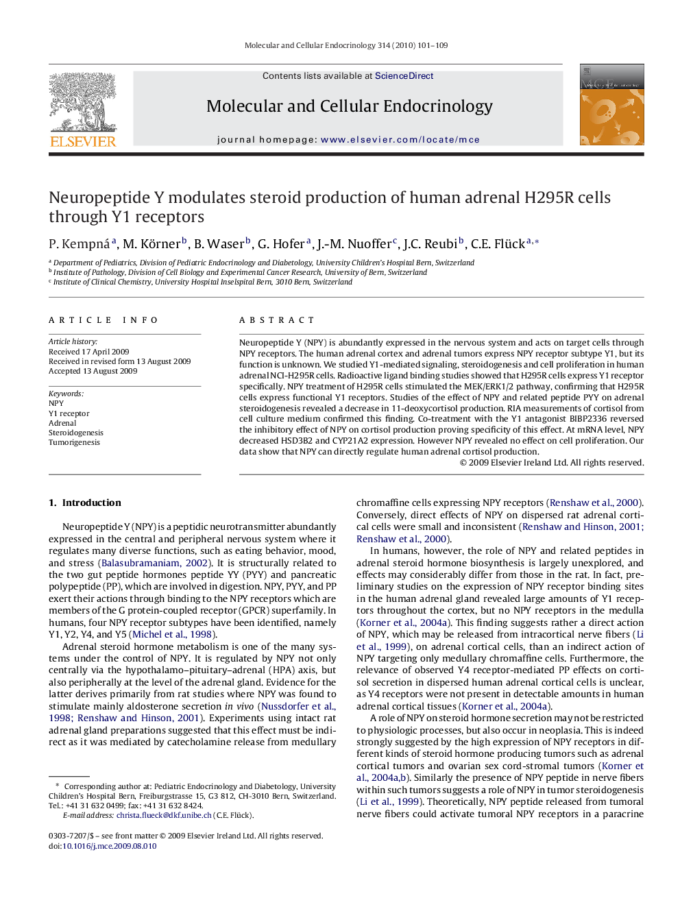 Neuropeptide Y modulates steroid production of human adrenal H295R cells through Y1 receptors