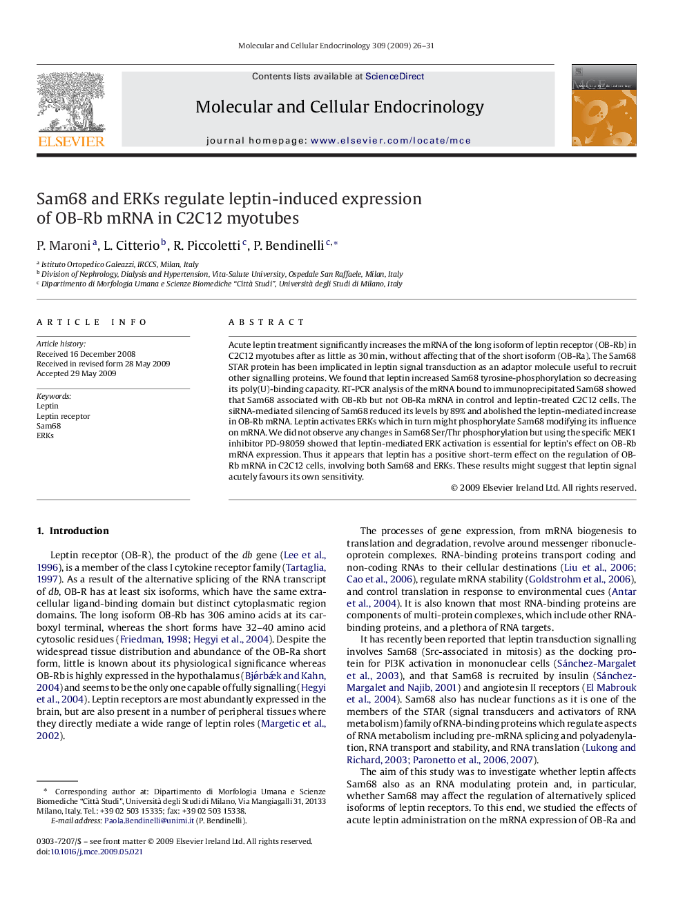 Sam68 and ERKs regulate leptin-induced expression of OB-Rb mRNA in C2C12 myotubes