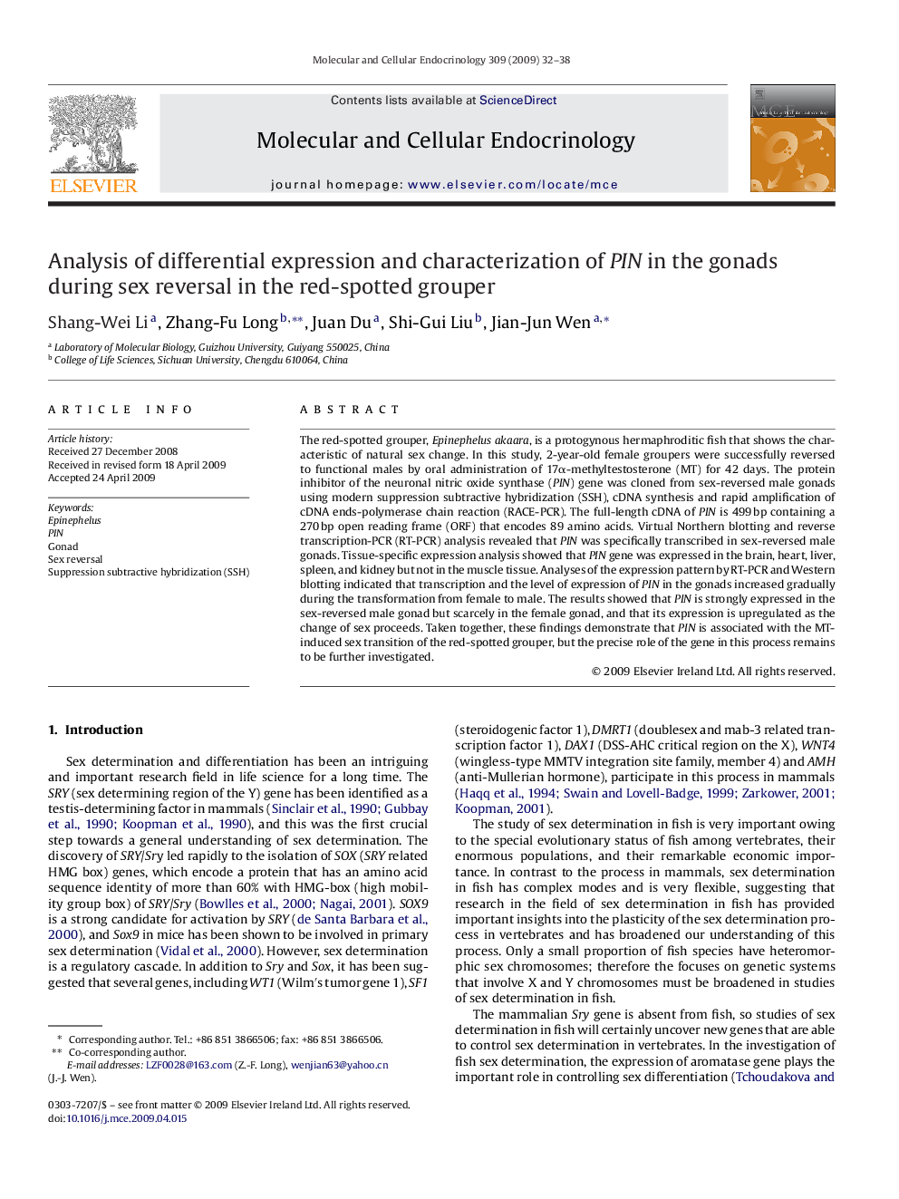 Analysis of differential expression and characterization of PIN in the gonads during sex reversal in the red-spotted grouper