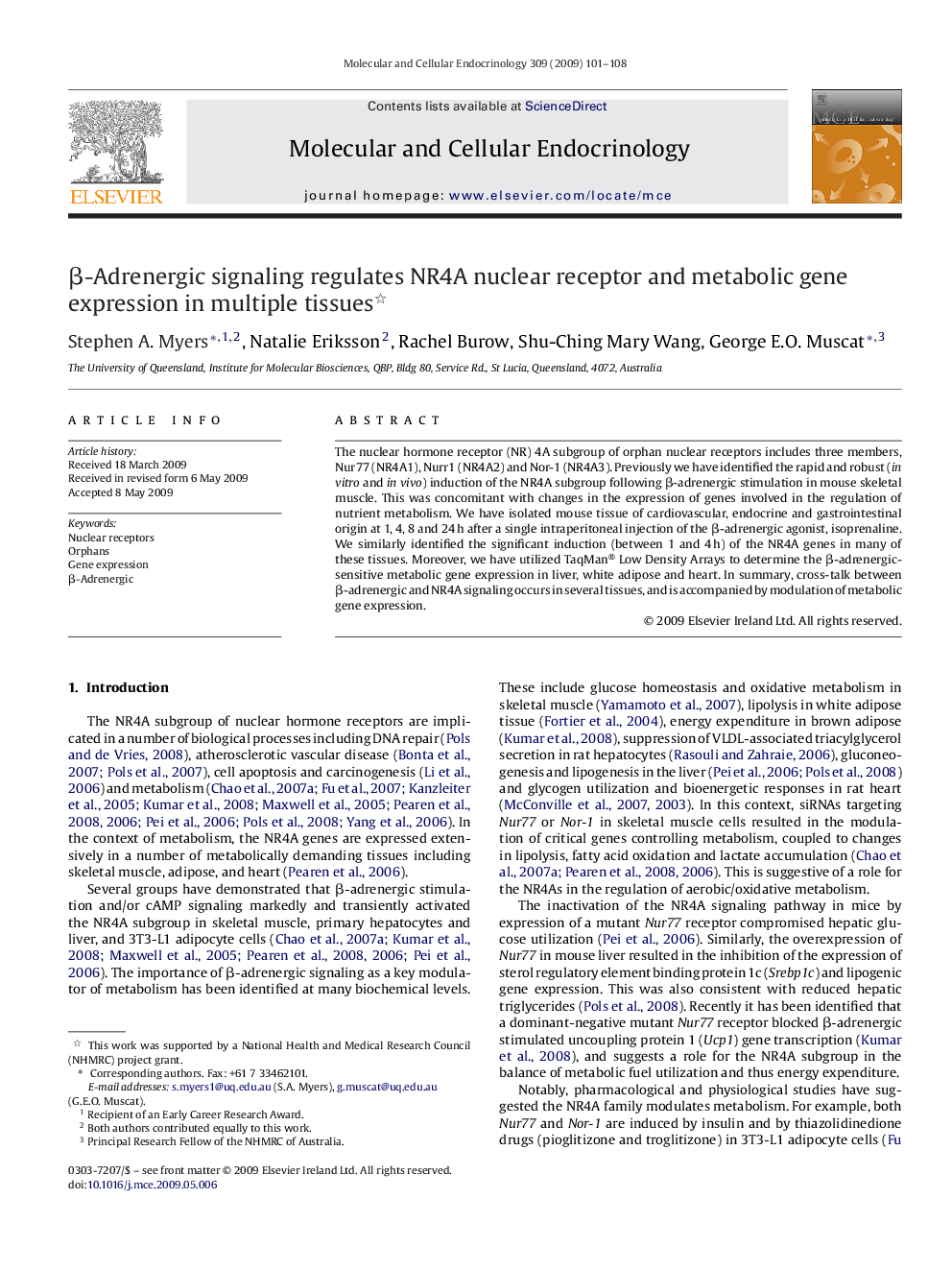 β-Adrenergic signaling regulates NR4A nuclear receptor and metabolic gene expression in multiple tissues 