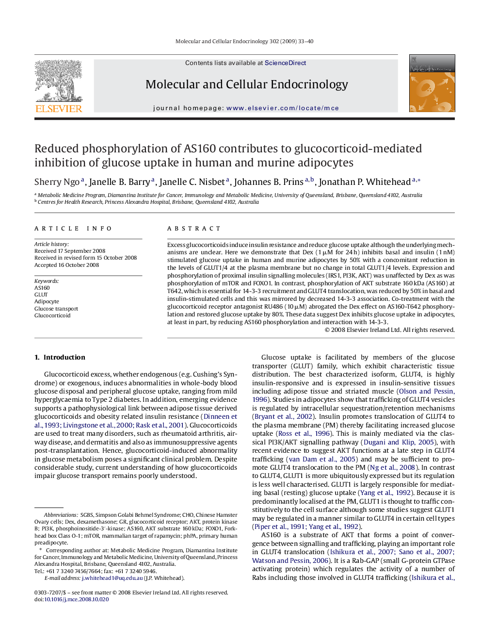 Reduced phosphorylation of AS160 contributes to glucocorticoid-mediated inhibition of glucose uptake in human and murine adipocytes