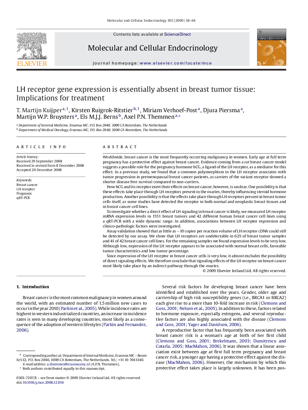 LH receptor gene expression is essentially absent in breast tumor tissue: Implications for treatment