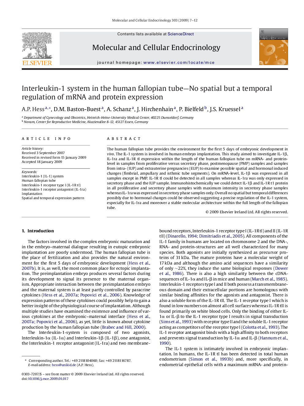 Interleukin-1 system in the human fallopian tube-No spatial but a temporal regulation of mRNA and protein expression