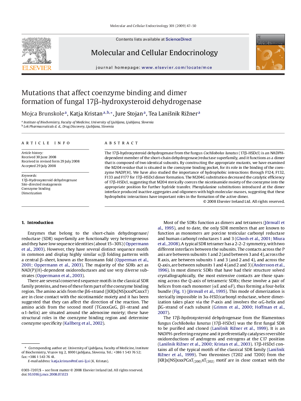 Mutations that affect coenzyme binding and dimer formation of fungal 17β-hydroxysteroid dehydrogenase