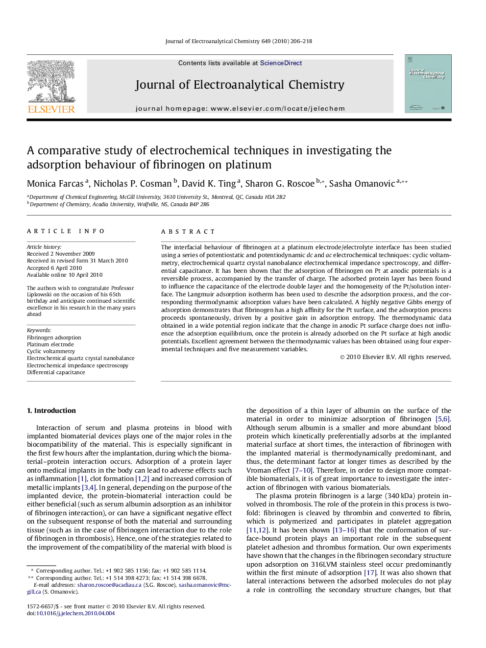 A comparative study of electrochemical techniques in investigating the adsorption behaviour of fibrinogen on platinum