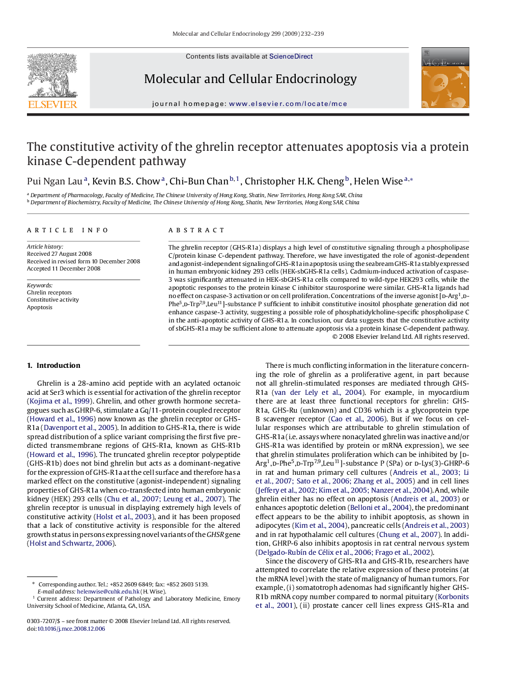 The constitutive activity of the ghrelin receptor attenuates apoptosis via a protein kinase C-dependent pathway