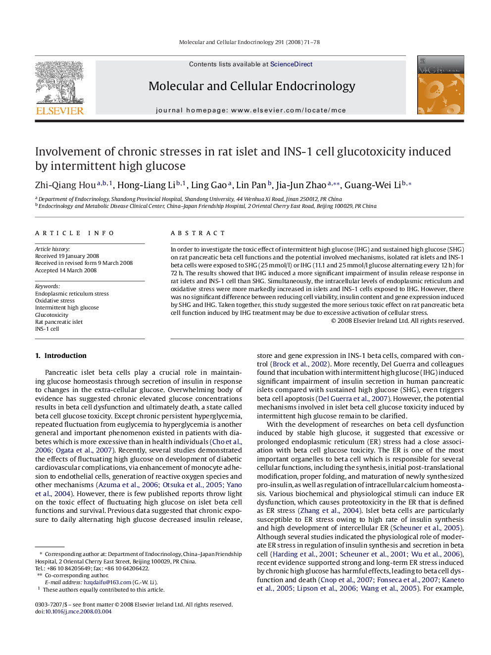 Involvement of chronic stresses in rat islet and INS-1 cell glucotoxicity induced by intermittent high glucose