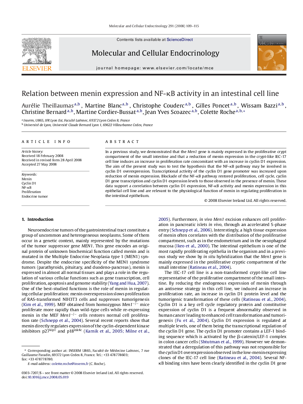 Relation between menin expression and NF-κB activity in an intestinal cell line