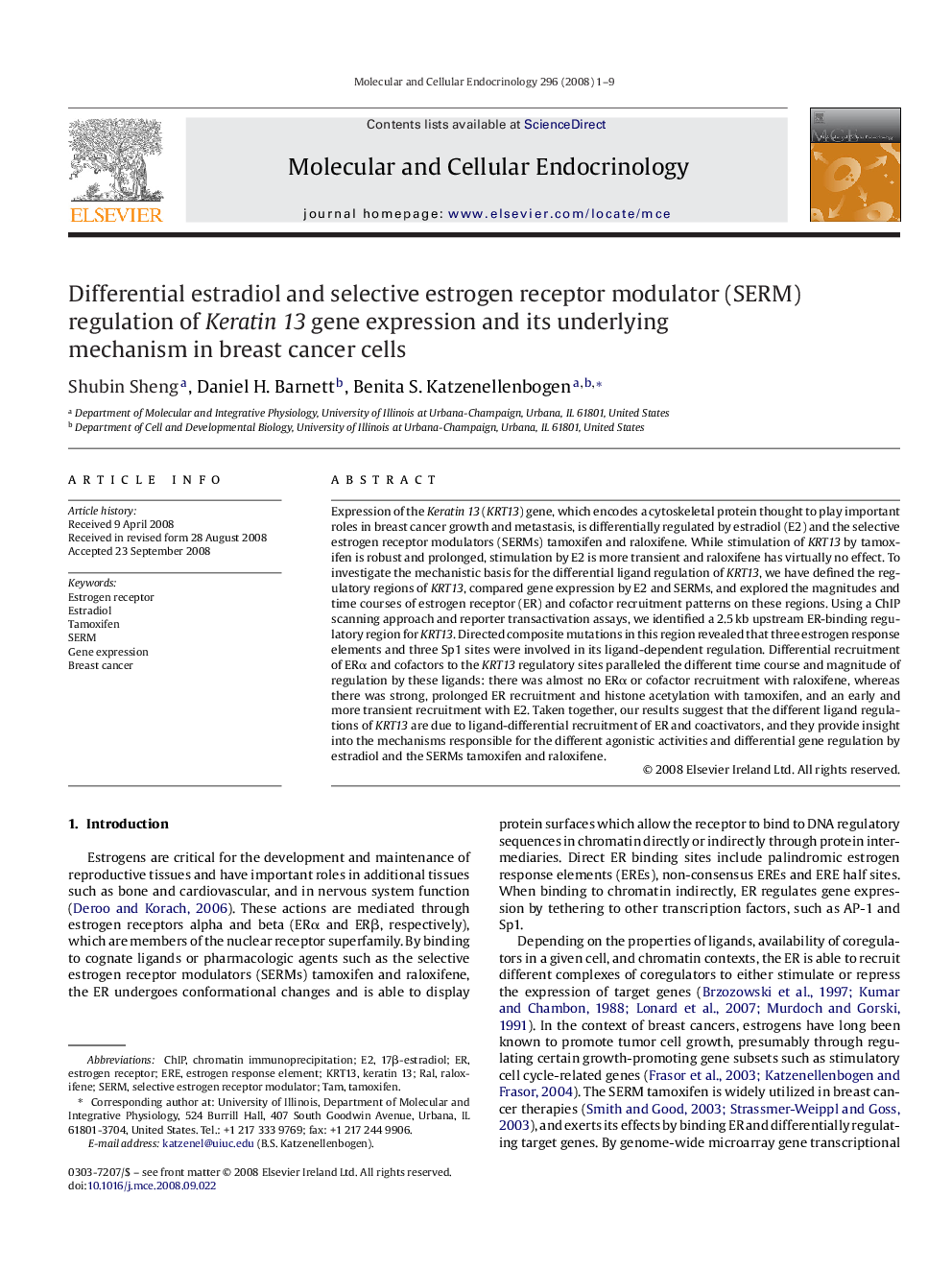 Differential estradiol and selective estrogen receptor modulator (SERM) regulation of Keratin 13 gene expression and its underlying mechanism in breast cancer cells