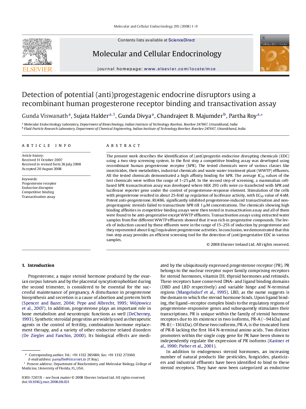 Detection of potential (anti)progestagenic endocrine disruptors using a recombinant human progesterone receptor binding and transactivation assay