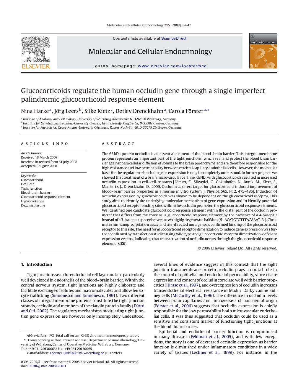 Glucocorticoids regulate the human occludin gene through a single imperfect palindromic glucocorticoid response element