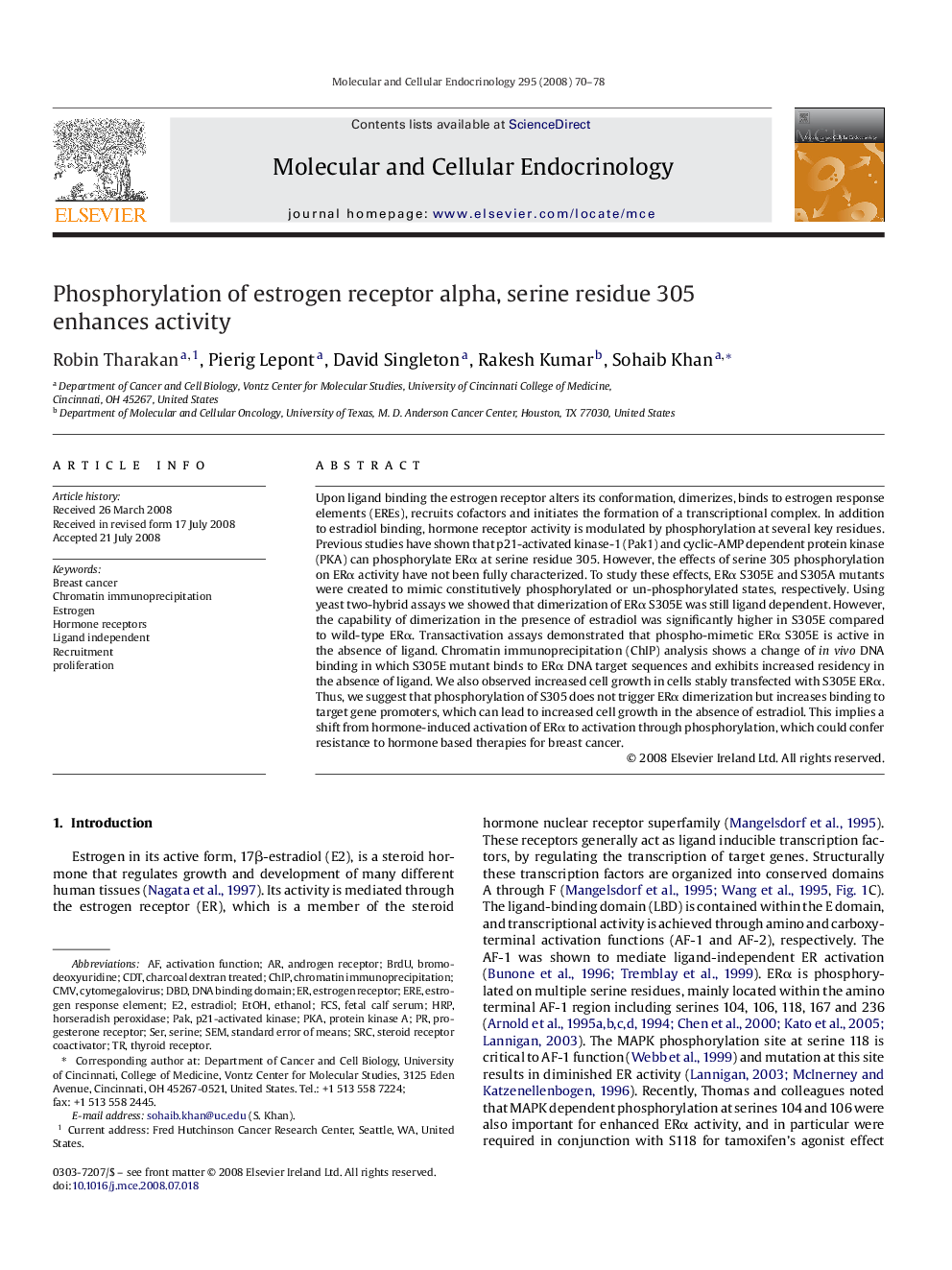 Phosphorylation of estrogen receptor alpha, serine residue 305 enhances activity