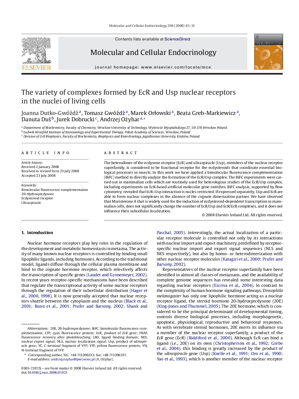 The variety of complexes formed by EcR and Usp nuclear receptors in the nuclei of living cells