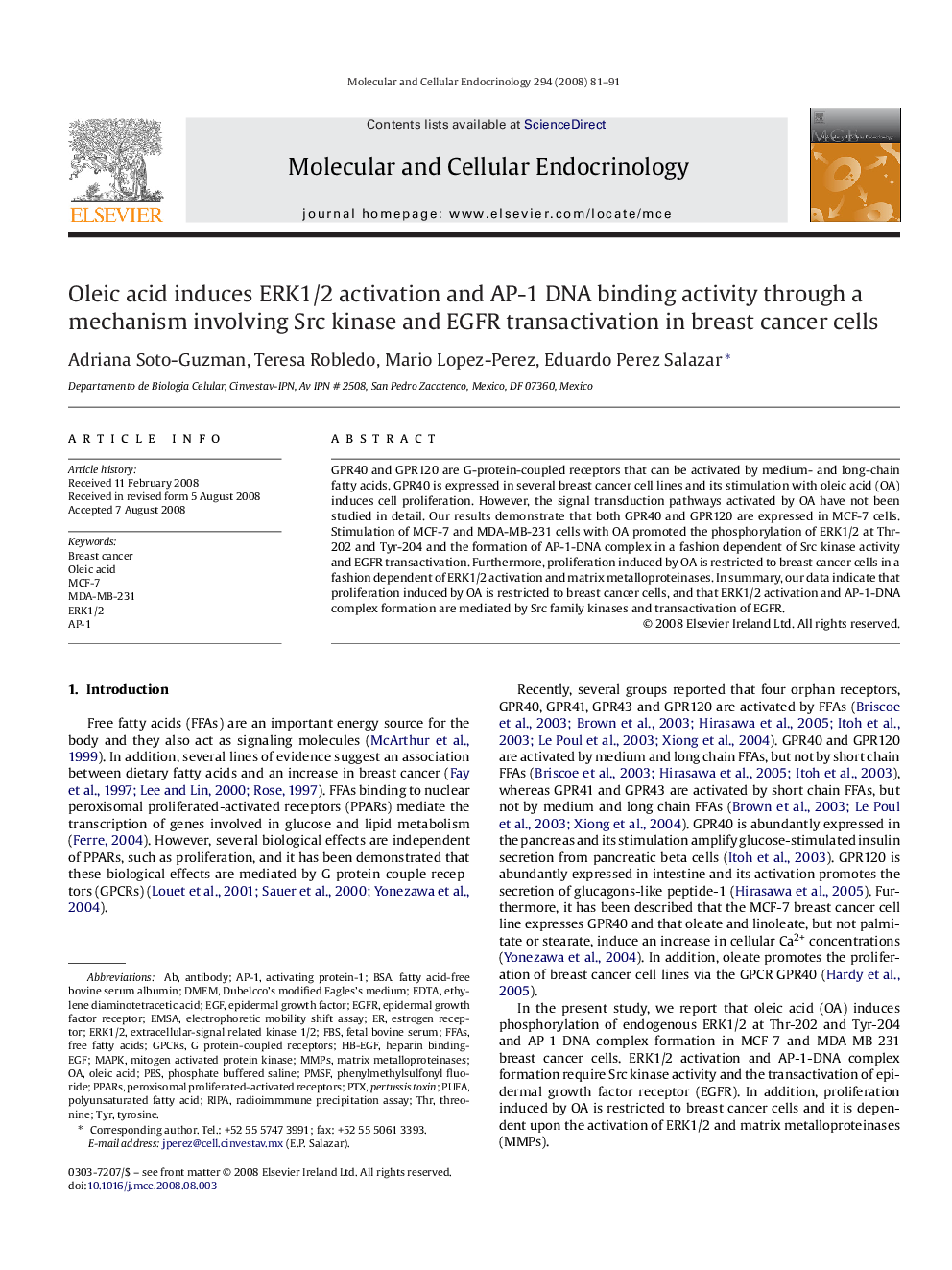 Oleic acid induces ERK1/2 activation and AP-1 DNA binding activity through a mechanism involving Src kinase and EGFR transactivation in breast cancer cells