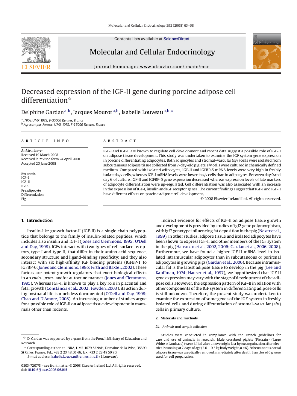 Decreased expression of the IGF-II gene during porcine adipose cell differentiation 