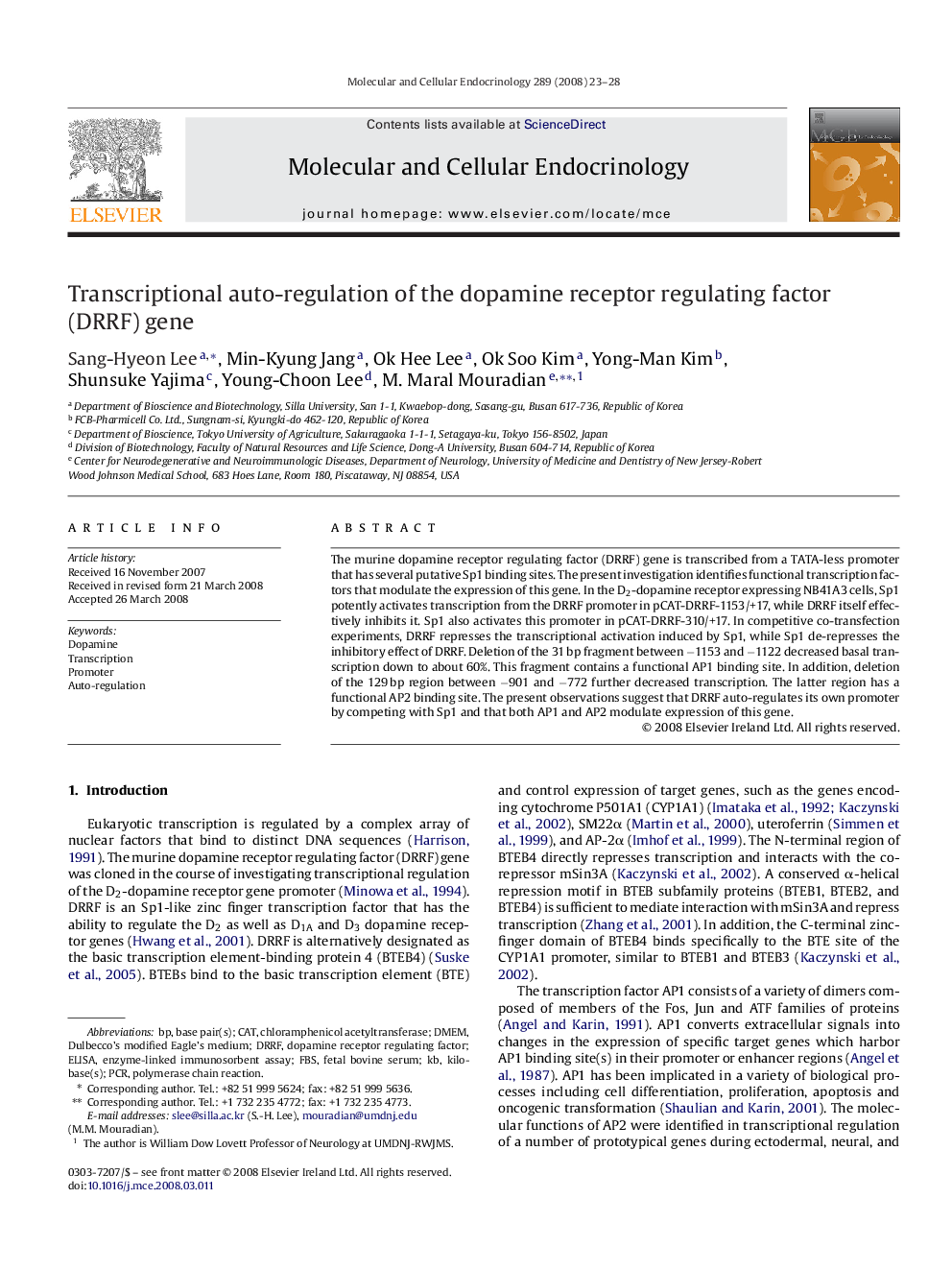 Transcriptional auto-regulation of the dopamine receptor regulating factor (DRRF) gene