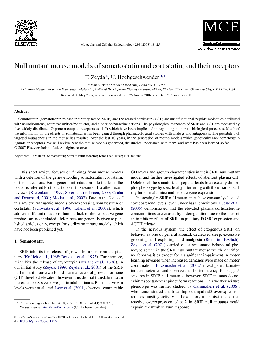 Null mutant mouse models of somatostatin and cortistatin, and their receptors