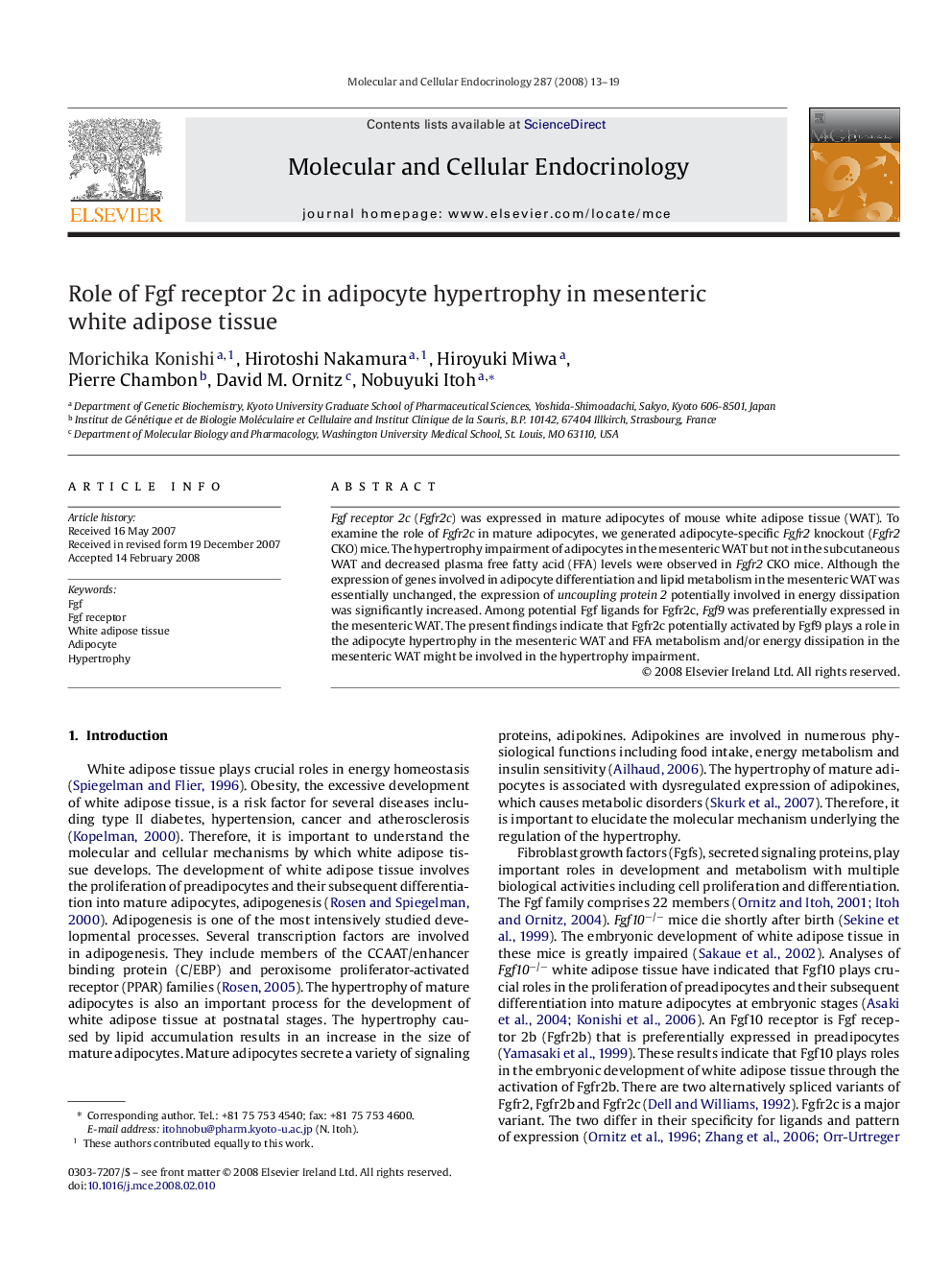 Role of Fgf receptor 2c in adipocyte hypertrophy in mesenteric white adipose tissue