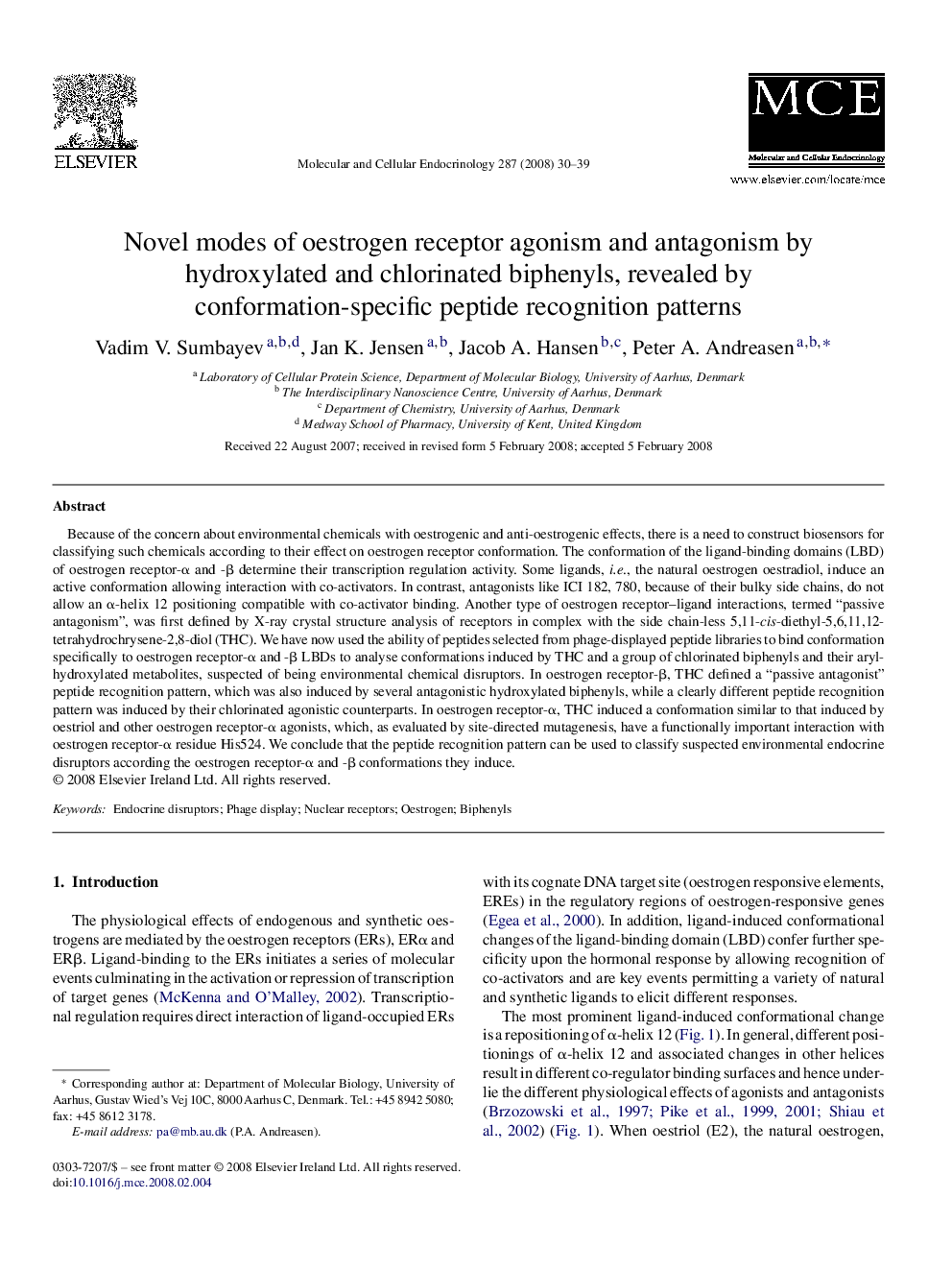 Novel modes of oestrogen receptor agonism and antagonism by hydroxylated and chlorinated biphenyls, revealed by conformation-specific peptide recognition patterns