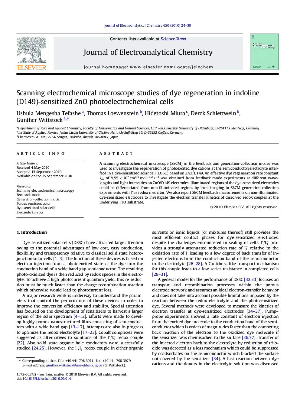 Scanning electrochemical microscope studies of dye regeneration in indoline (D149)-sensitized ZnO photoelectrochemical cells