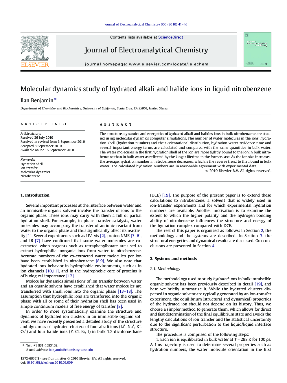 Molecular dynamics study of hydrated alkali and halide ions in liquid nitrobenzene