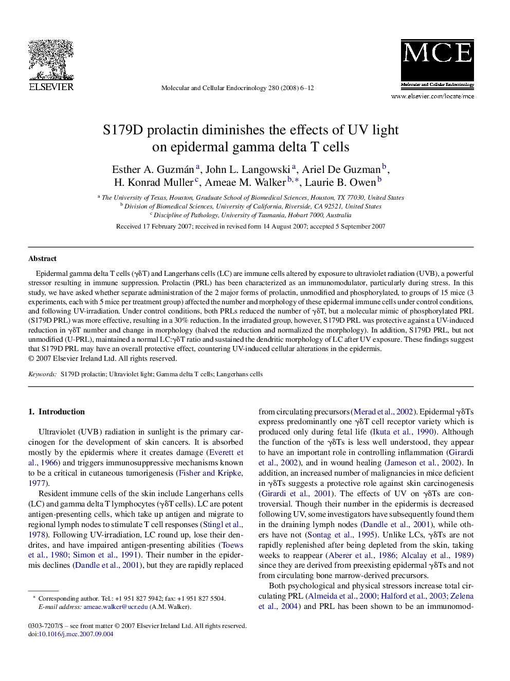 S179D prolactin diminishes the effects of UV light on epidermal gamma delta T cells