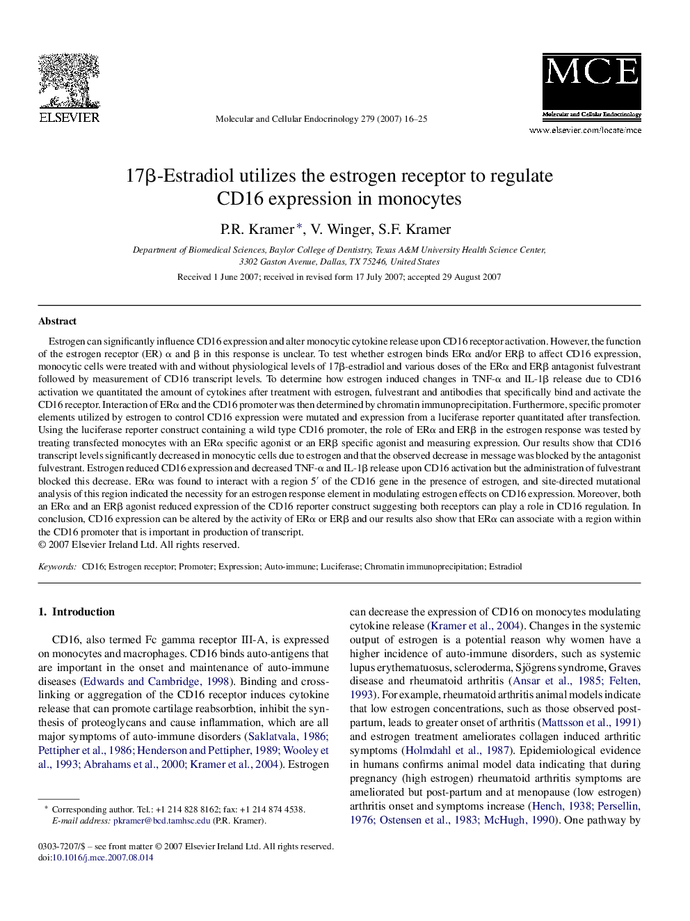 17β-Estradiol utilizes the estrogen receptor to regulate CD16 expression in monocytes