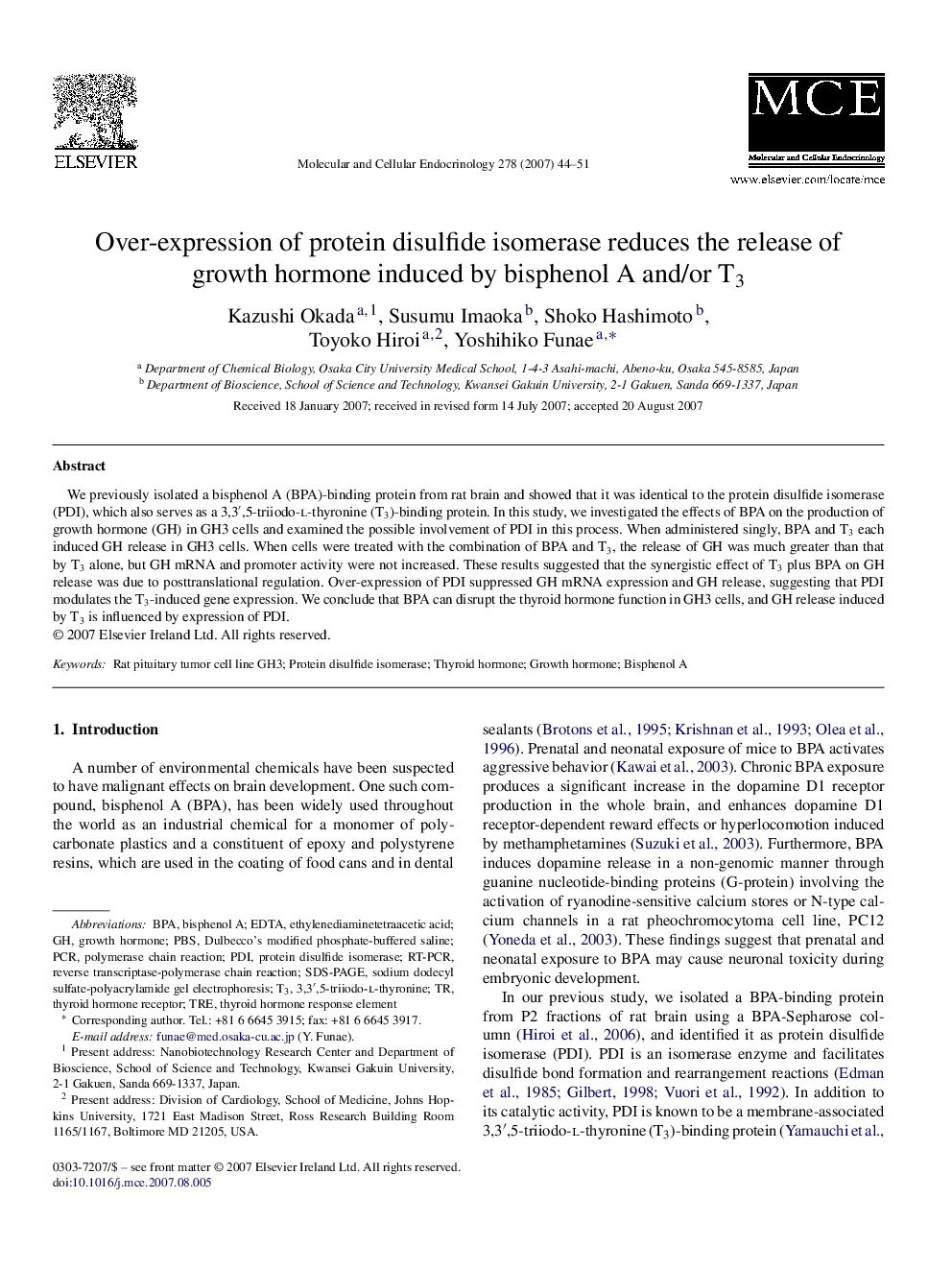 Over-expression of protein disulfide isomerase reduces the release of growth hormone induced by bisphenol A and/or T3