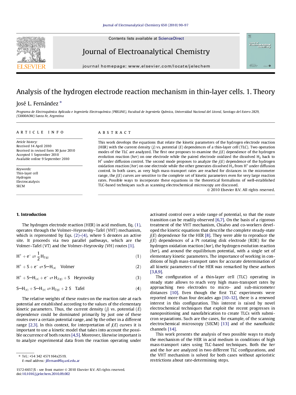 Analysis of the hydrogen electrode reaction mechanism in thin-layer cells. 1. Theory