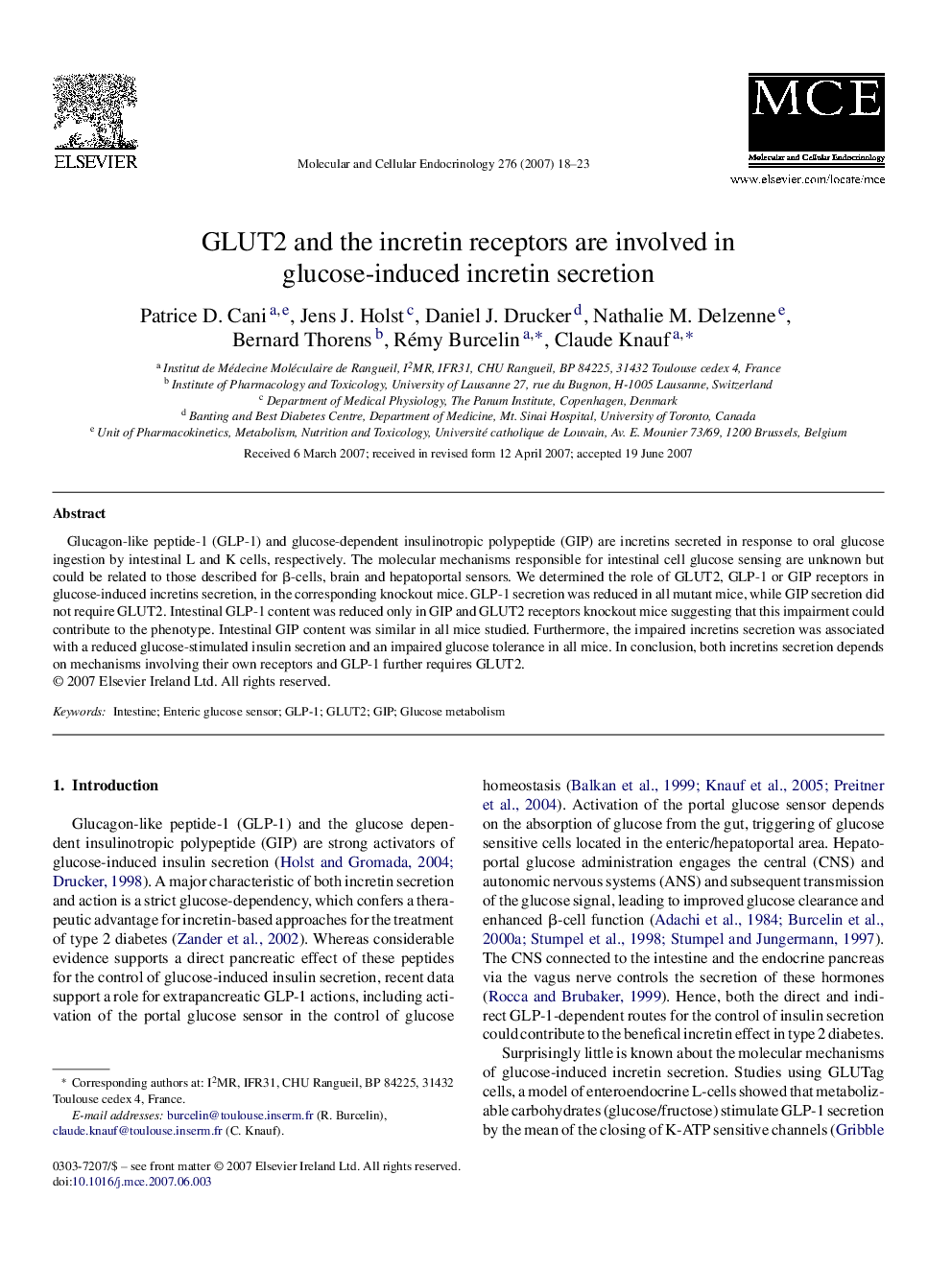 GLUT2 and the incretin receptors are involved in glucose-induced incretin secretion