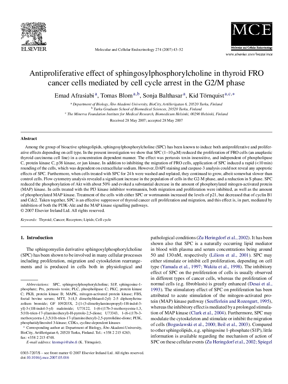 Antiproliferative effect of sphingosylphosphorylcholine in thyroid FRO cancer cells mediated by cell cycle arrest in the G2/M phase