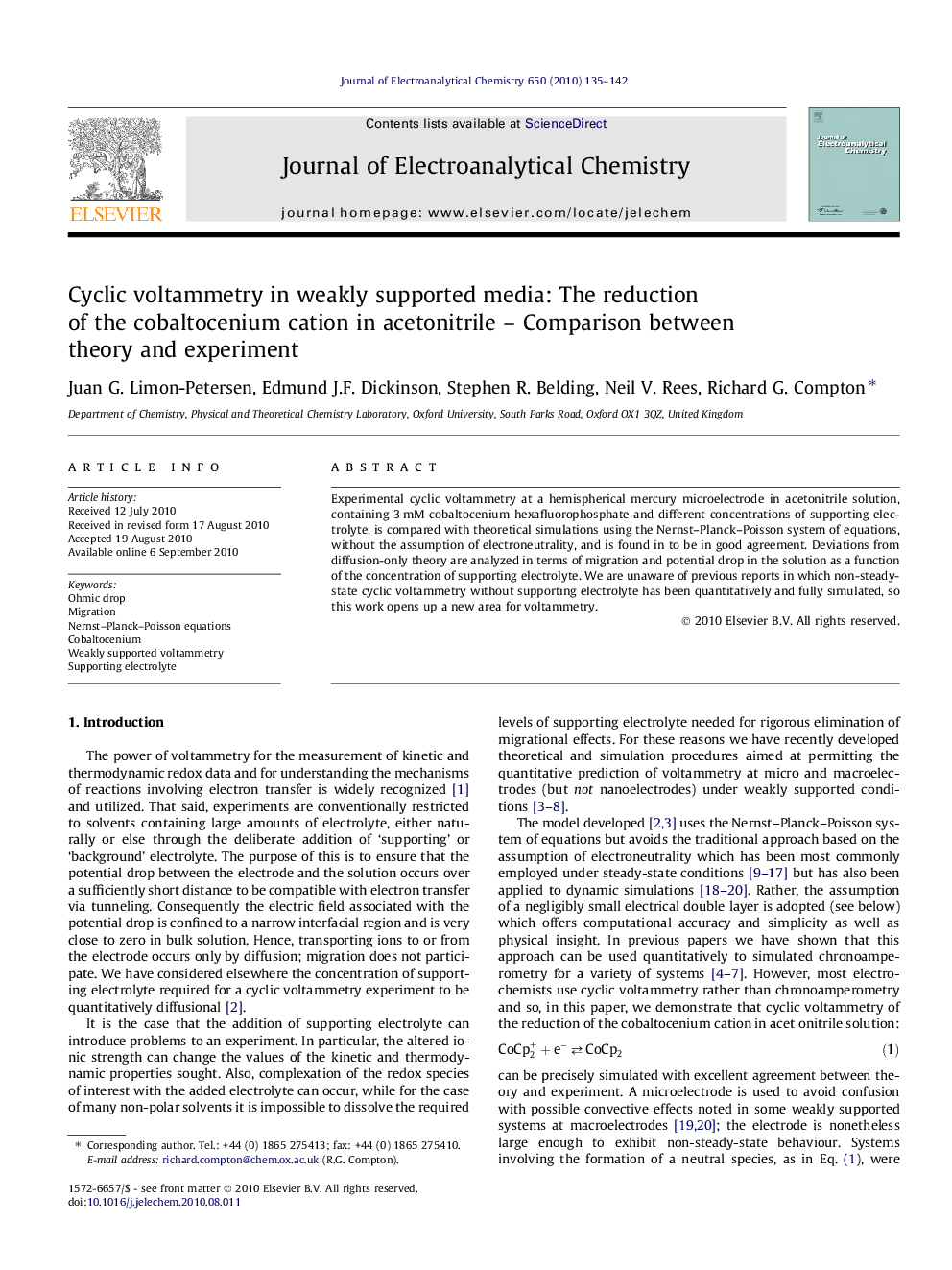 Cyclic voltammetry in weakly supported media: The reduction of the cobaltocenium cation in acetonitrile – Comparison between theory and experiment