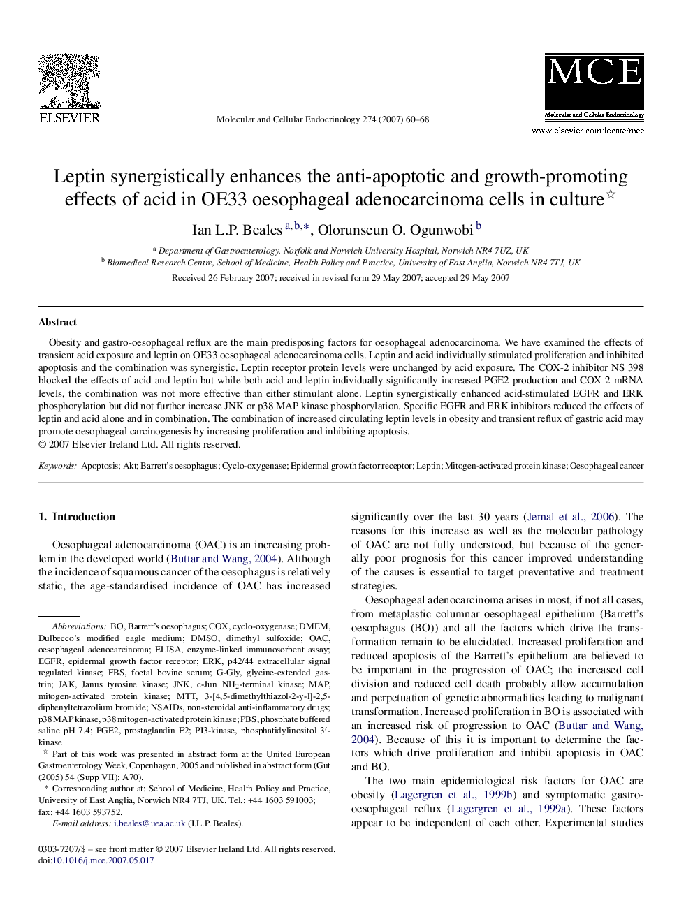 Leptin synergistically enhances the anti-apoptotic and growth-promoting effects of acid in OE33 oesophageal adenocarcinoma cells in culture 