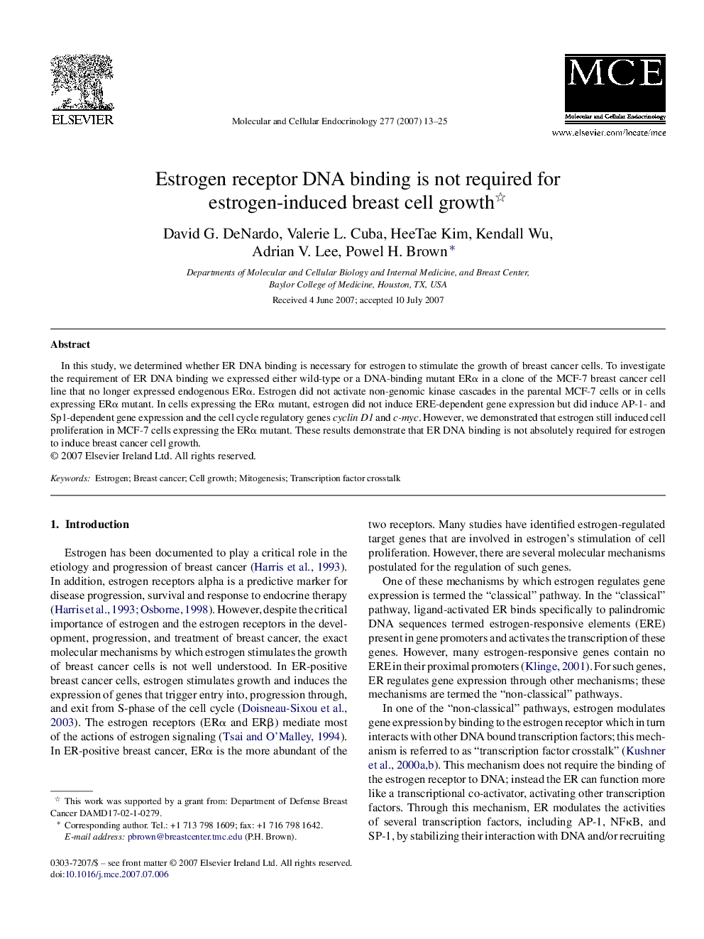 Estrogen receptor DNA binding is not required for estrogen-induced breast cell growth 