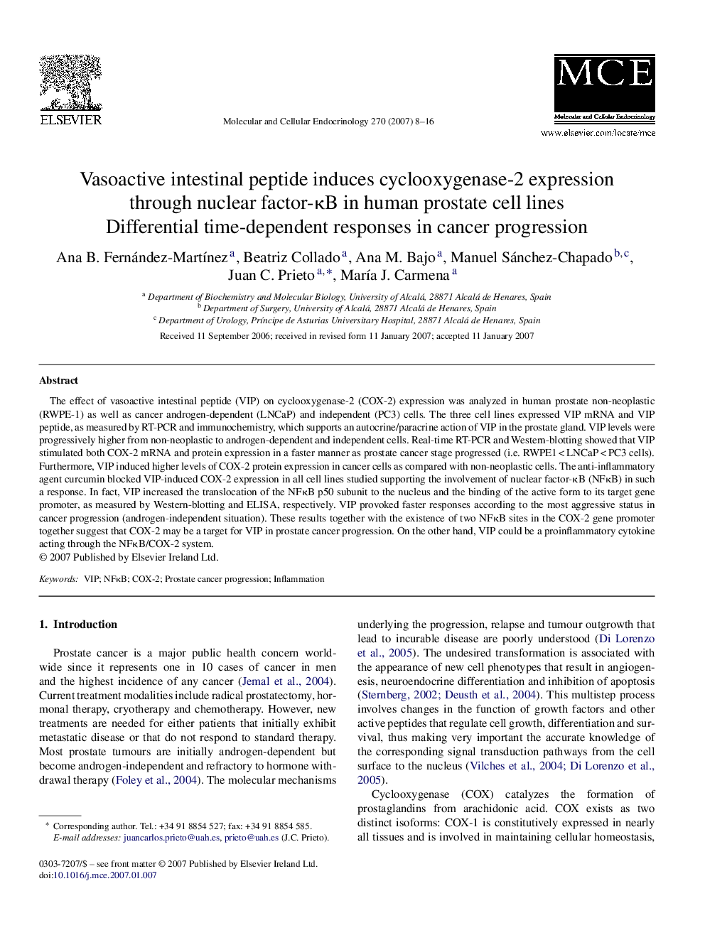 Vasoactive intestinal peptide induces cyclooxygenase-2 expression through nuclear factor-κB in human prostate cell lines: Differential time-dependent responses in cancer progression