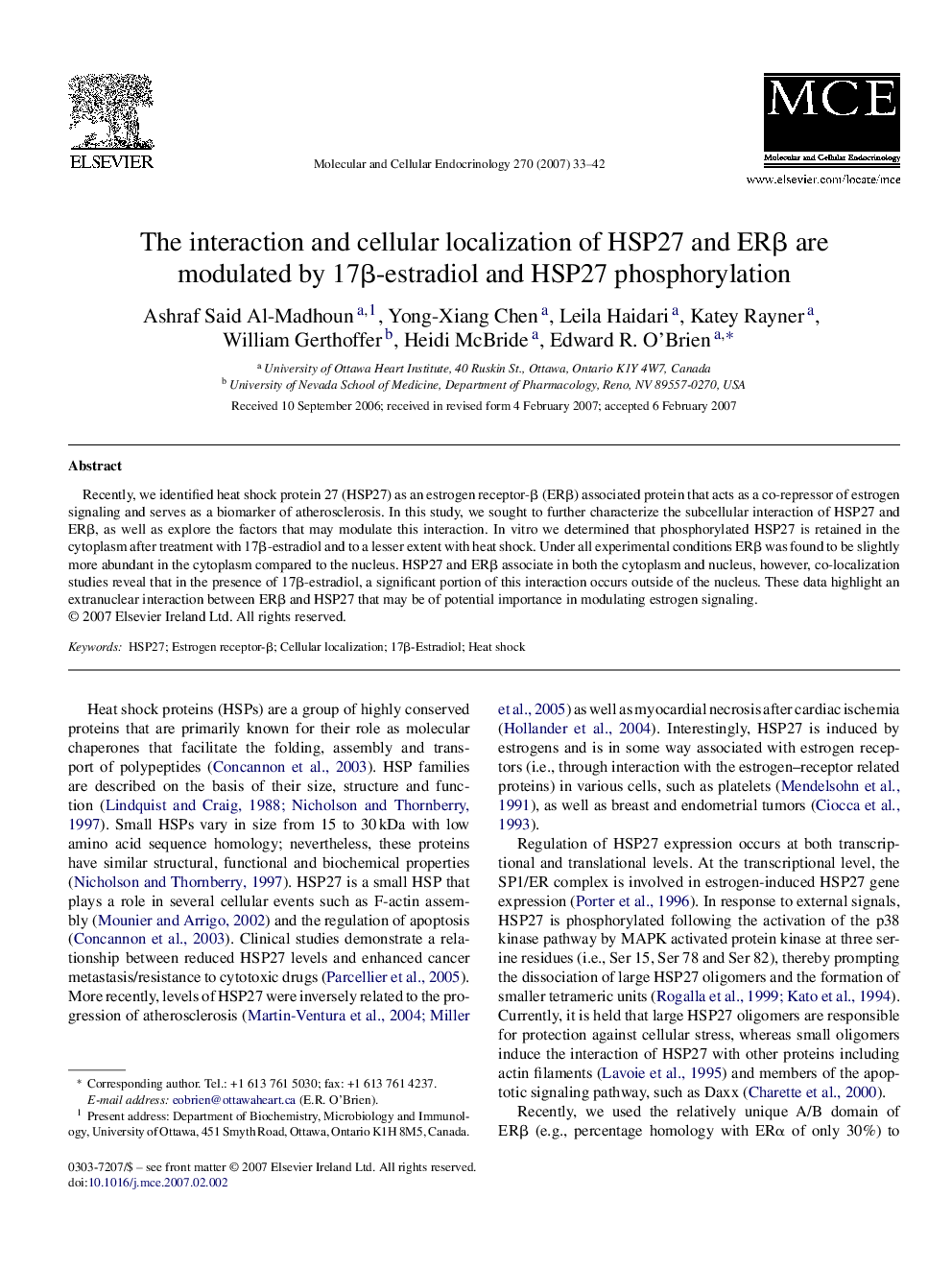 The interaction and cellular localization of HSP27 and ERβ are modulated by 17β-estradiol and HSP27 phosphorylation