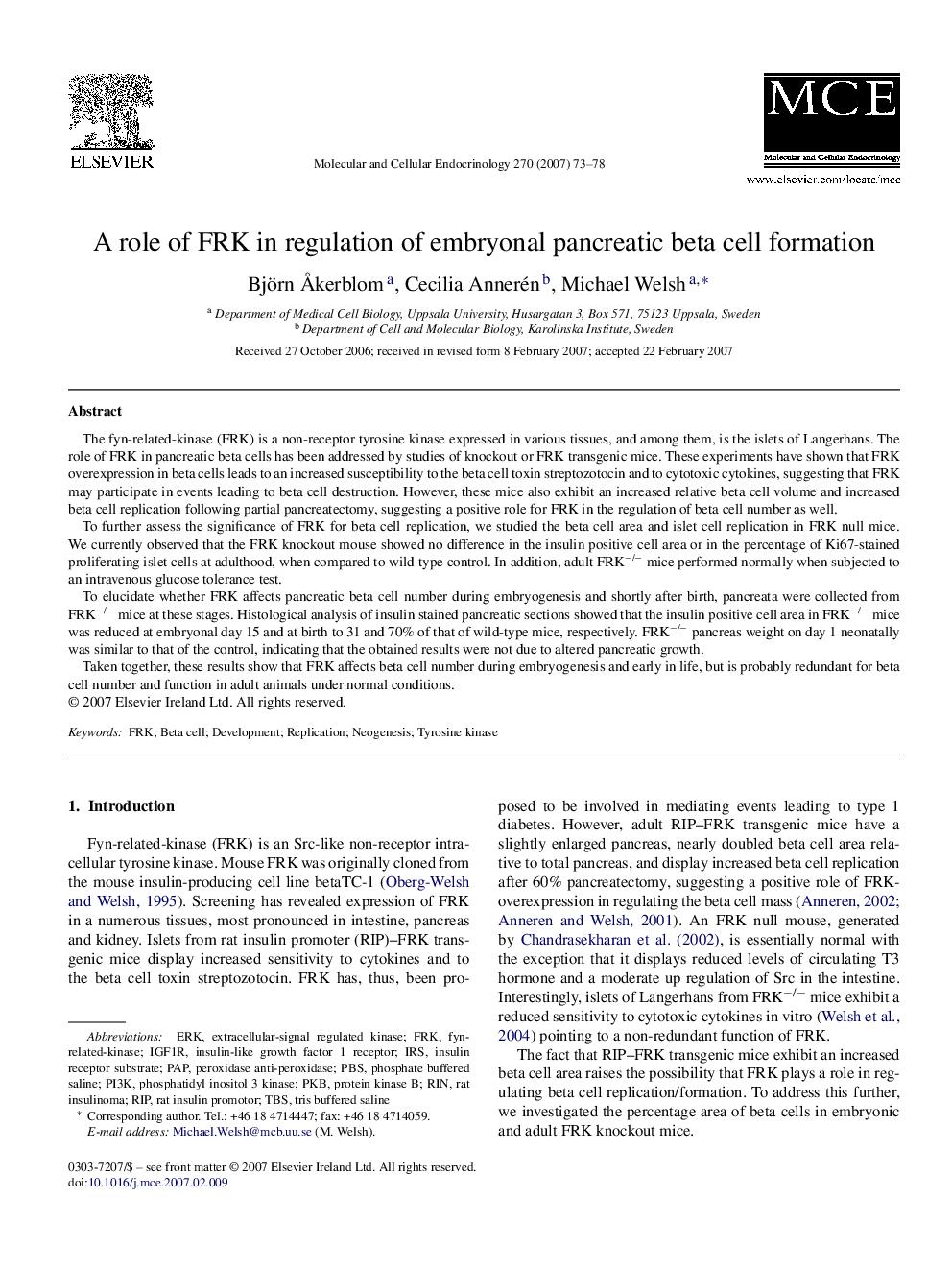 A role of FRK in regulation of embryonal pancreatic beta cell formation