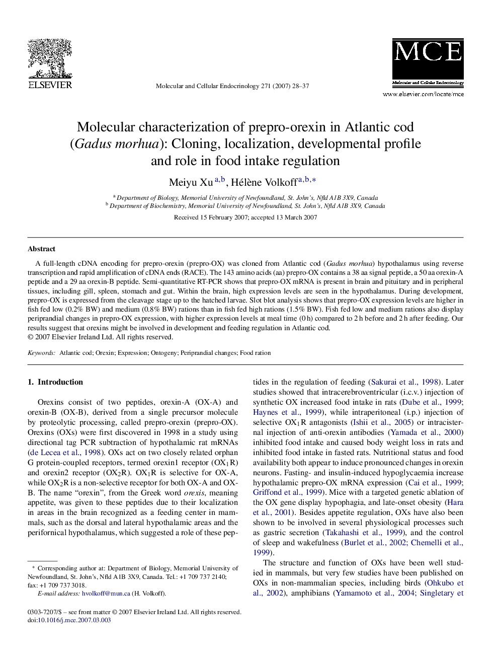 Molecular characterization of prepro-orexin in Atlantic cod (Gadus morhua): Cloning, localization, developmental profile and role in food intake regulation