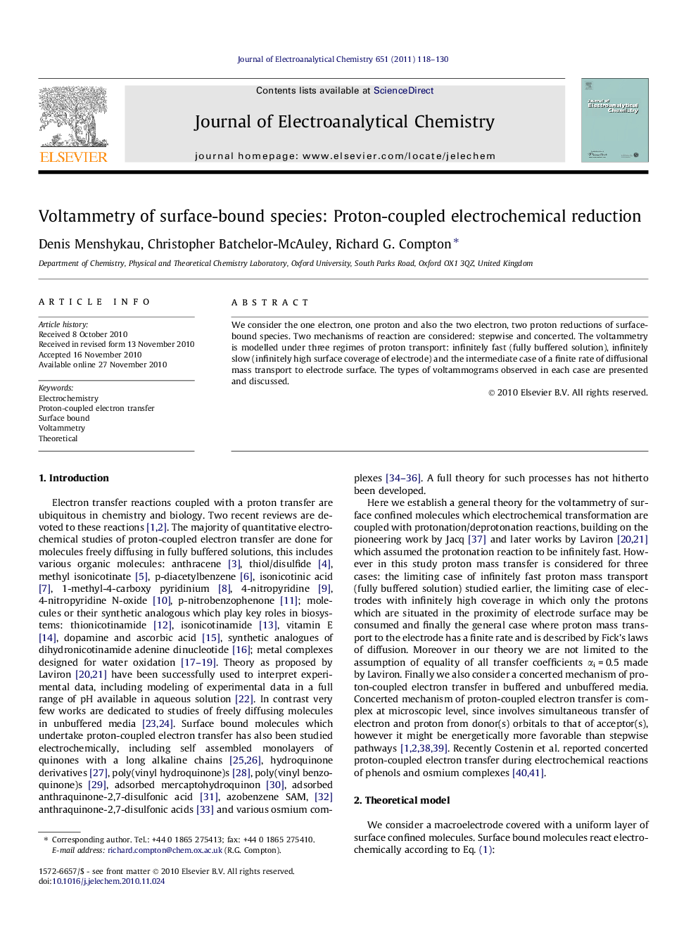 Voltammetry of surface-bound species: Proton-coupled electrochemical reduction